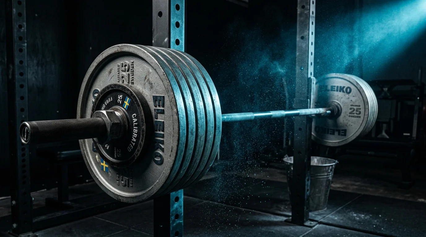 Hantelscheiben in einem atmosphärisch beleuchteten Fitnessstudio als Symbol für präzises Trainingsvolumen