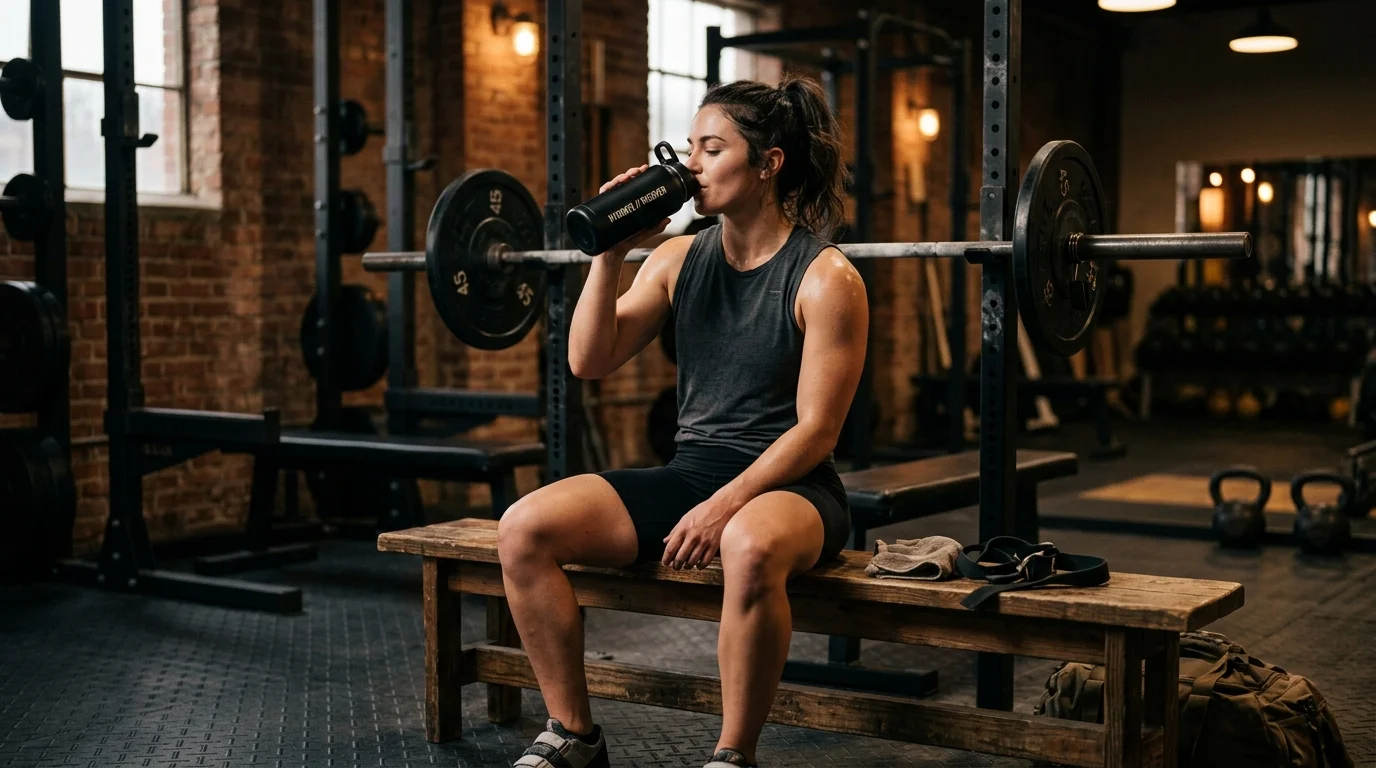 Athletin bei einer Pause auf einer Holzbank während der Deload-Woche im Fitnessstudio