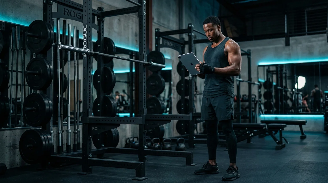 Athlet bei der Analyse seines digitalen 6-Wochen-Mesozyklus-Trainingsplans auf einem Tablet