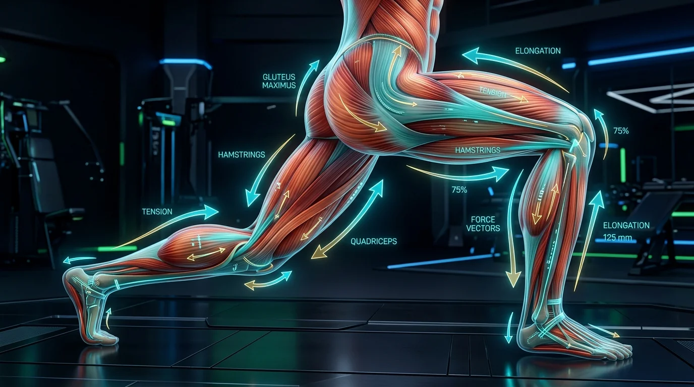3D-Biomechanik-Modell der Beinmuskulatur mit Kraftvektoren und Muskelansätzen
