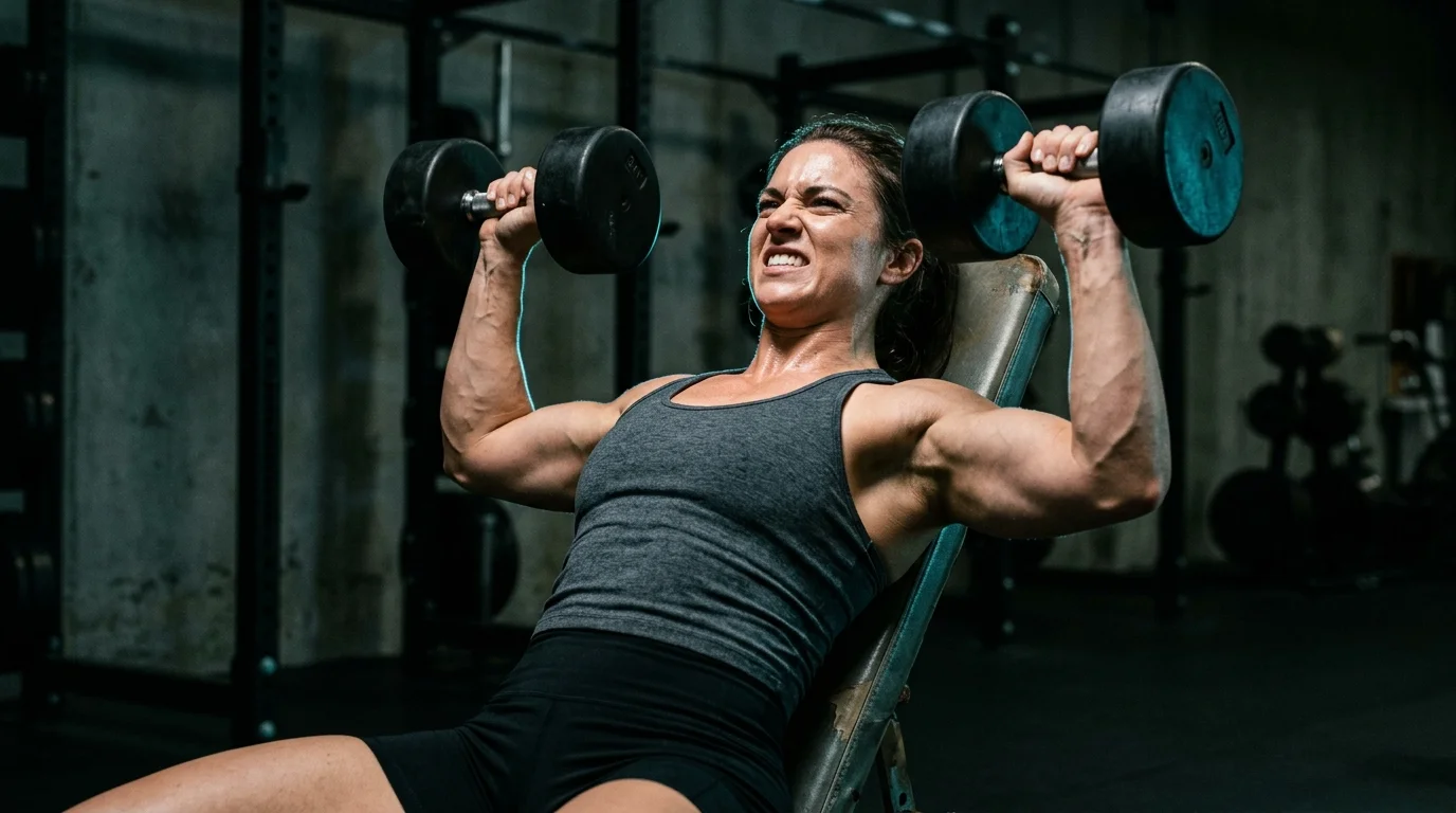 Athletin bei der letzten schweren Wiederholung Schrägbankdrücken bei 1 RIR im Fitnessstudio