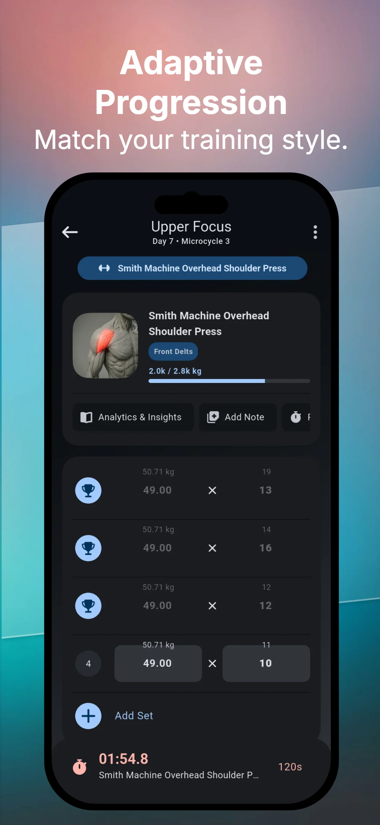 ELVT adaptive progression with exercise tracking and set logging
