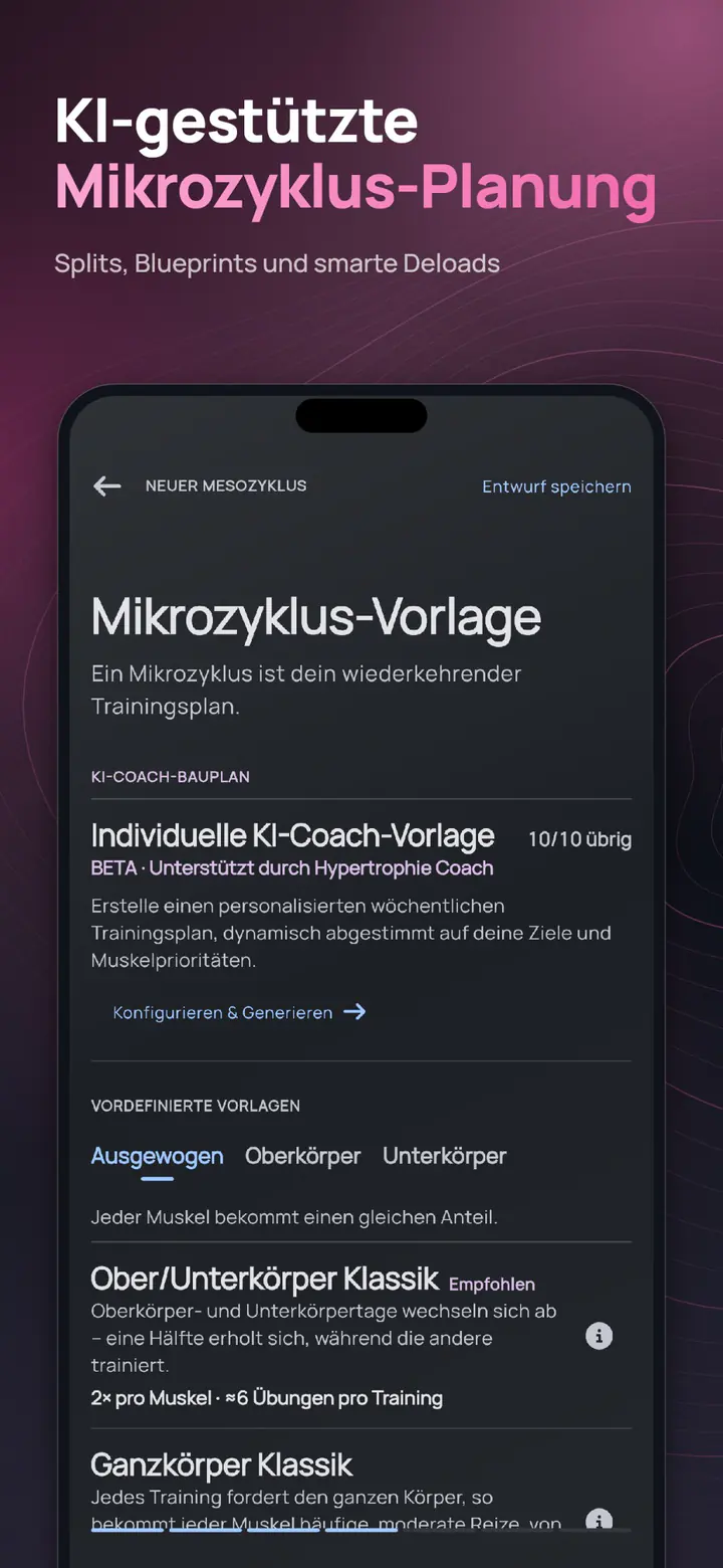 ELVT mesocycle planning – AI based microcycle planning with splits, blueprints and smart deloads