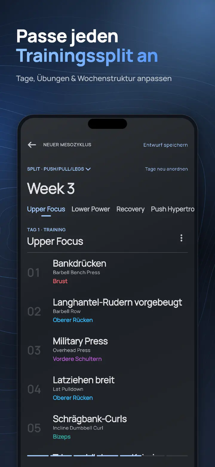 ELVT workout split builder – fine-tune days, exercises and weekly structure