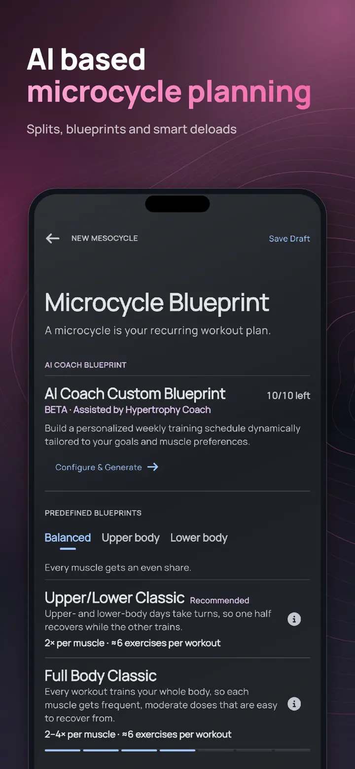 ELVT mesocycle planning – AI based microcycle planning with splits, blueprints and smart deloads
