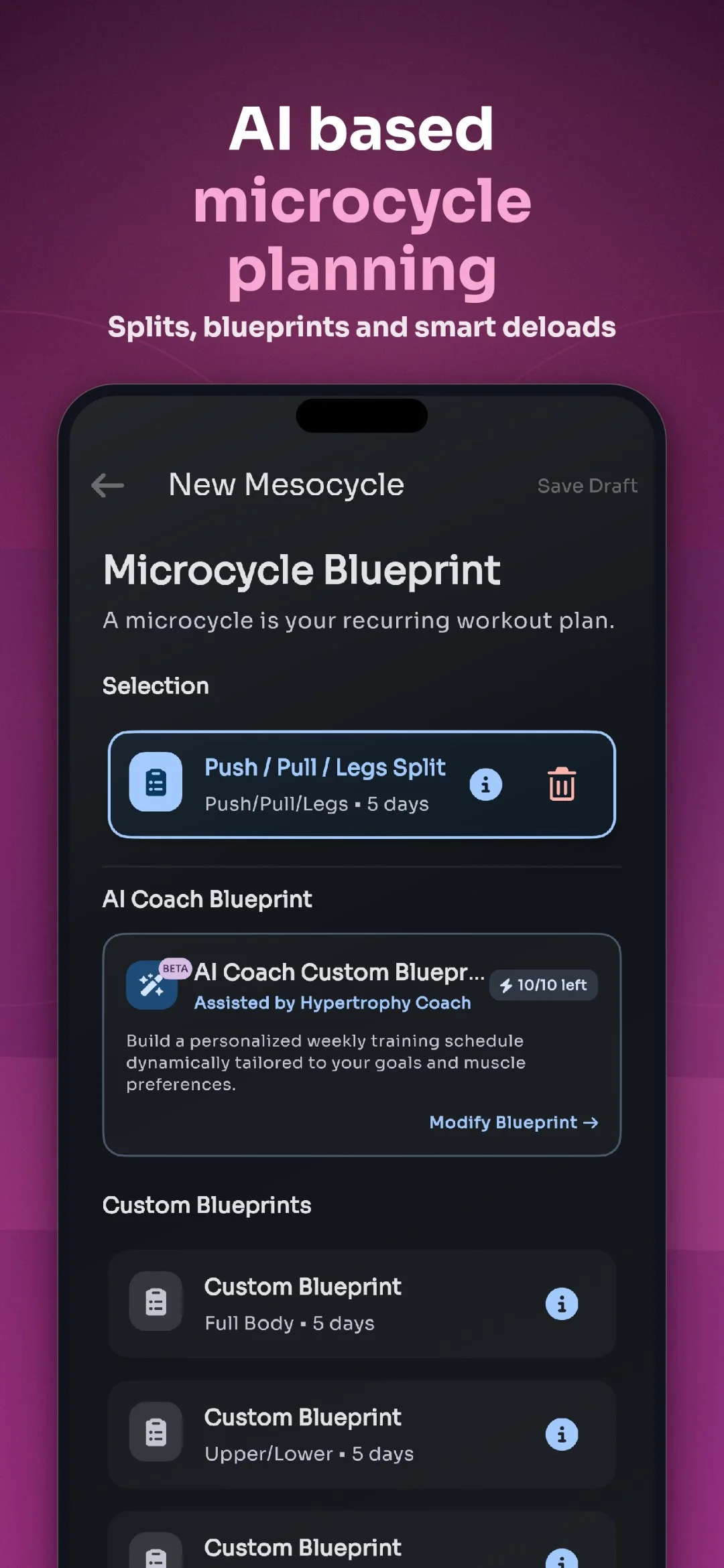 ELVT mesocycle planning – AI based microcycle planning with splits, blueprints and smart deloads