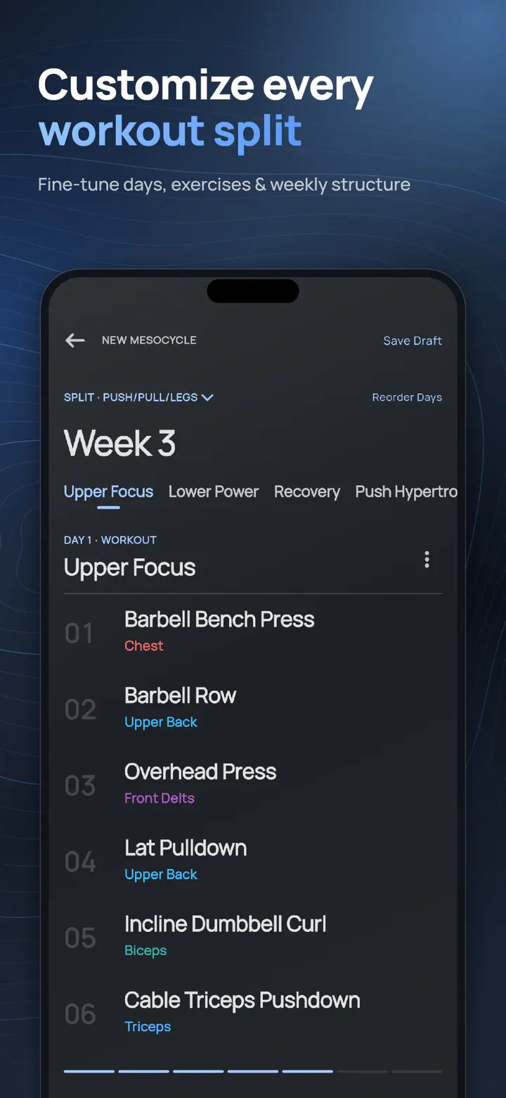 ELVT workout split builder – fine-tune days, exercises and weekly structure