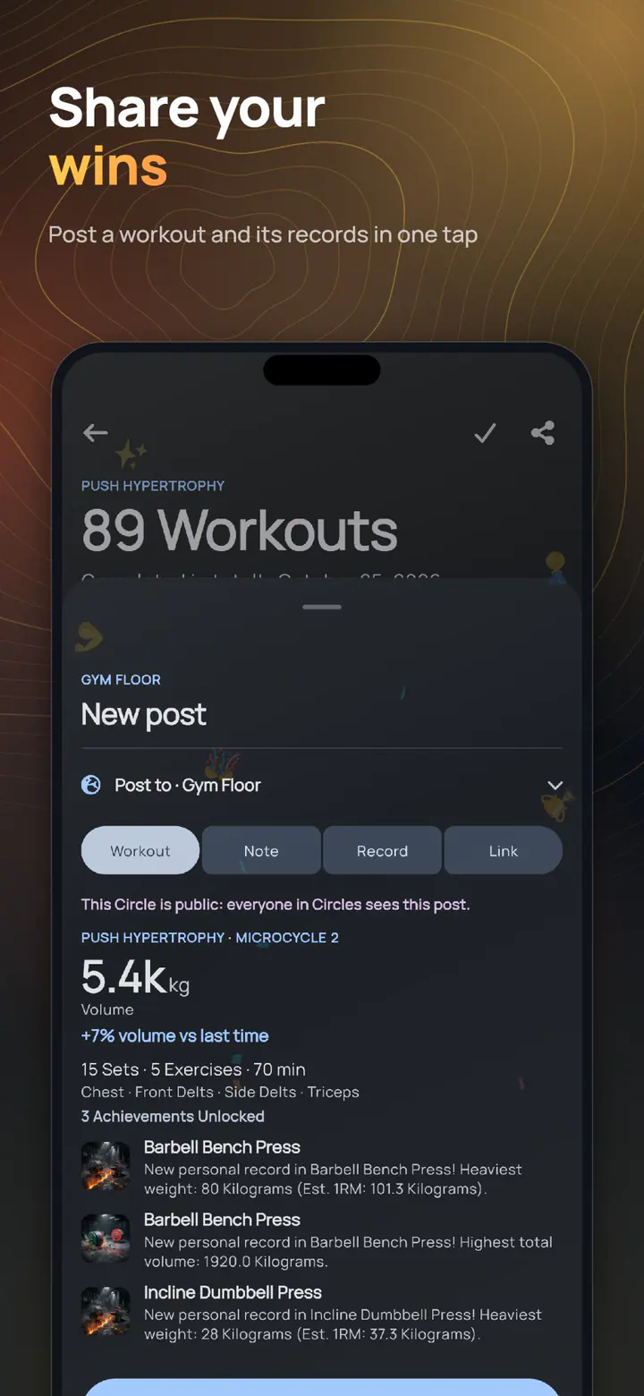 ELVT Circles – share your wins: post a workout and its records in one tap