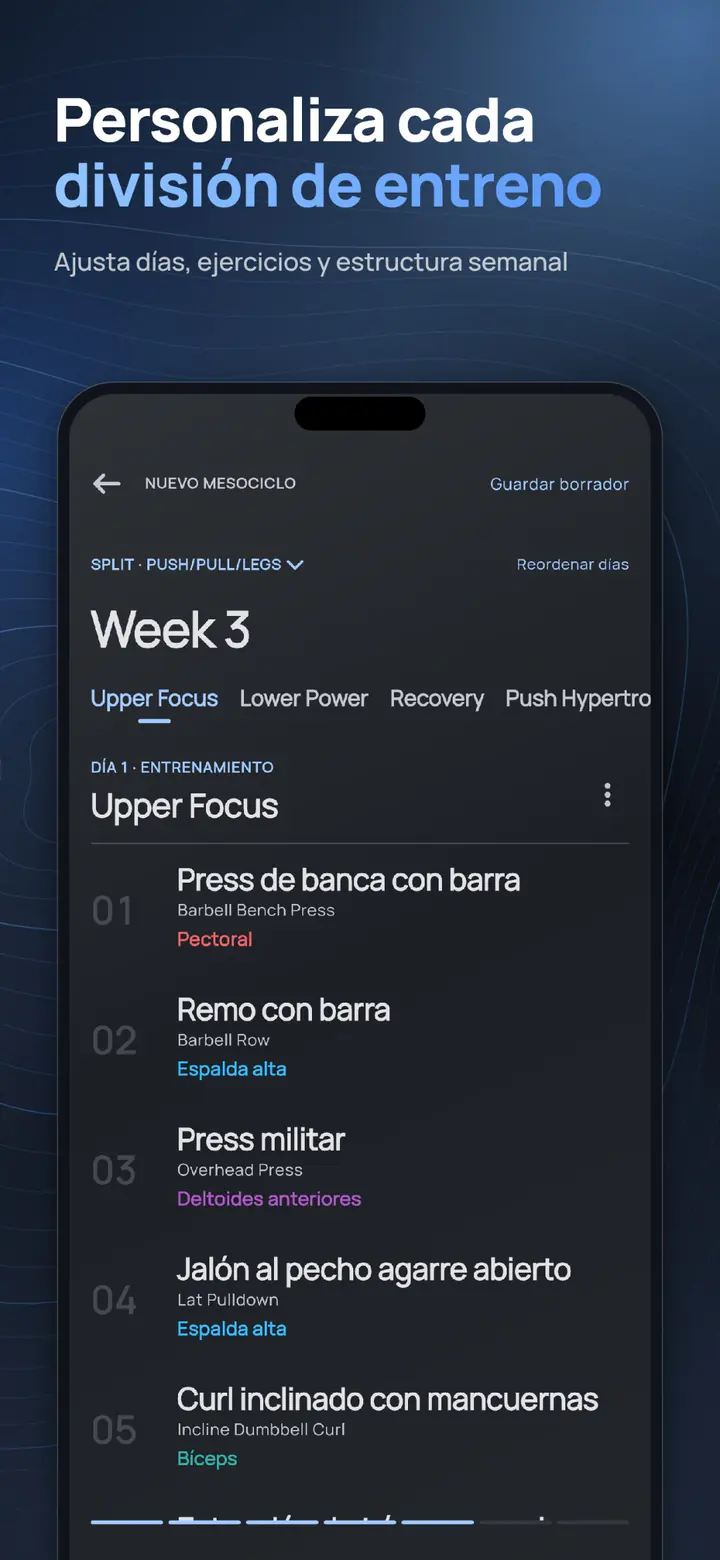 ELVT workout split builder – fine-tune days, exercises and weekly structure