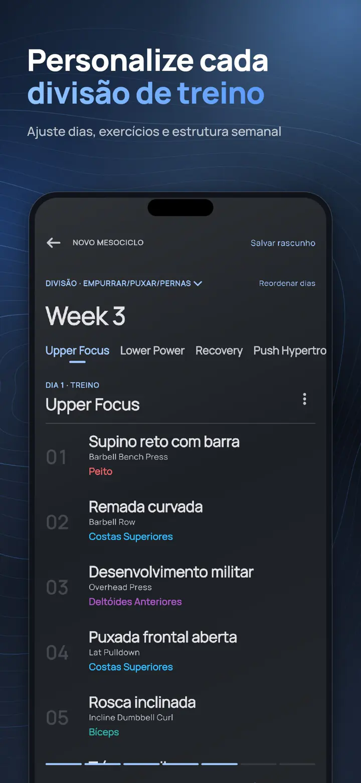 Personalize cada divisão de treino